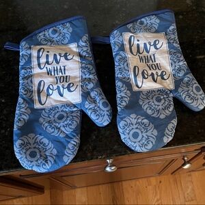 (Set 2 Greenbrier International LIVE/WHAT YOU/LOVE Blue Patterned Oven Mitts GUC